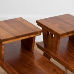 Pair of Hawaii Modern side tables in koa with ape carvings.